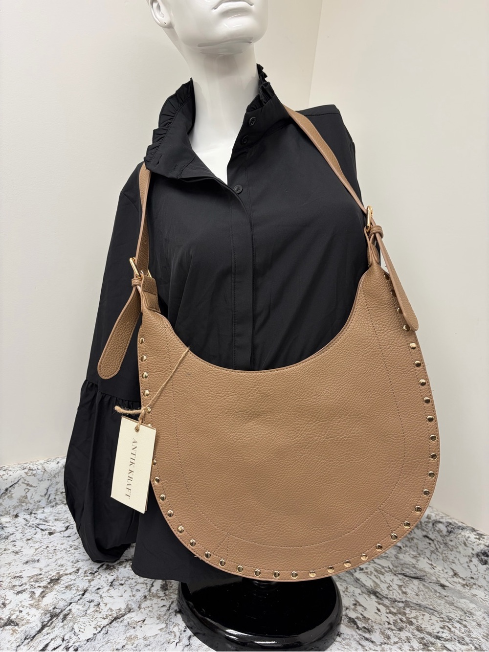 Antik Kraft Camel Studded Crescent Hobo Shoulder Bag